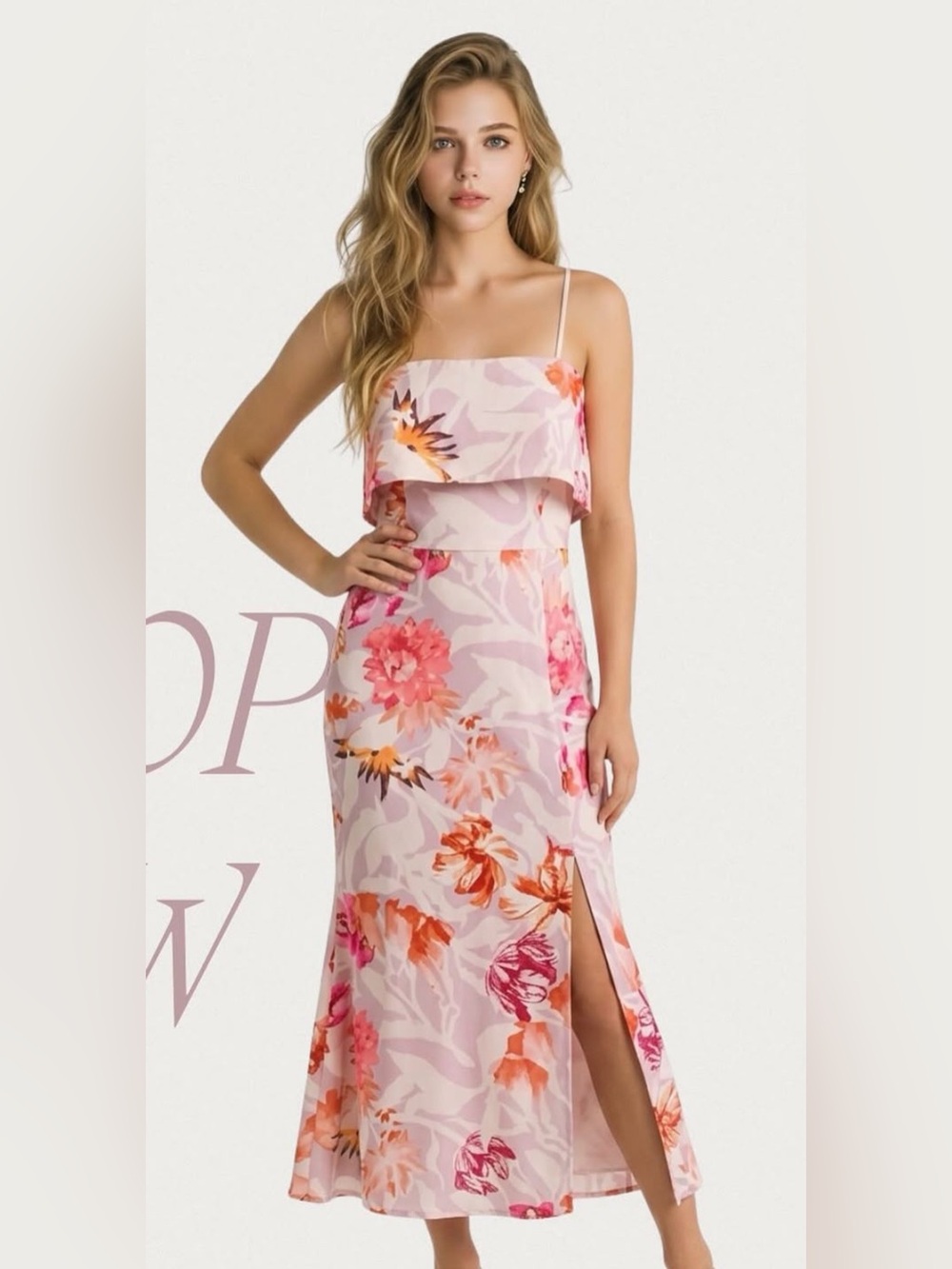 Just Me Pink Floral Strapless Maxi Dress with Side Slit